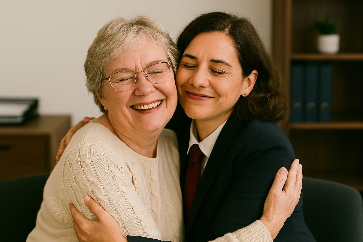 Two joyful women hugging and smiling in a cozy office setting, capturing a moment of warmth and connection.