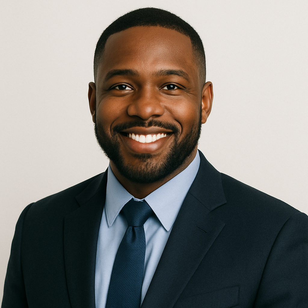 Smiling man in suit and tie against plain background, professional headshot.
