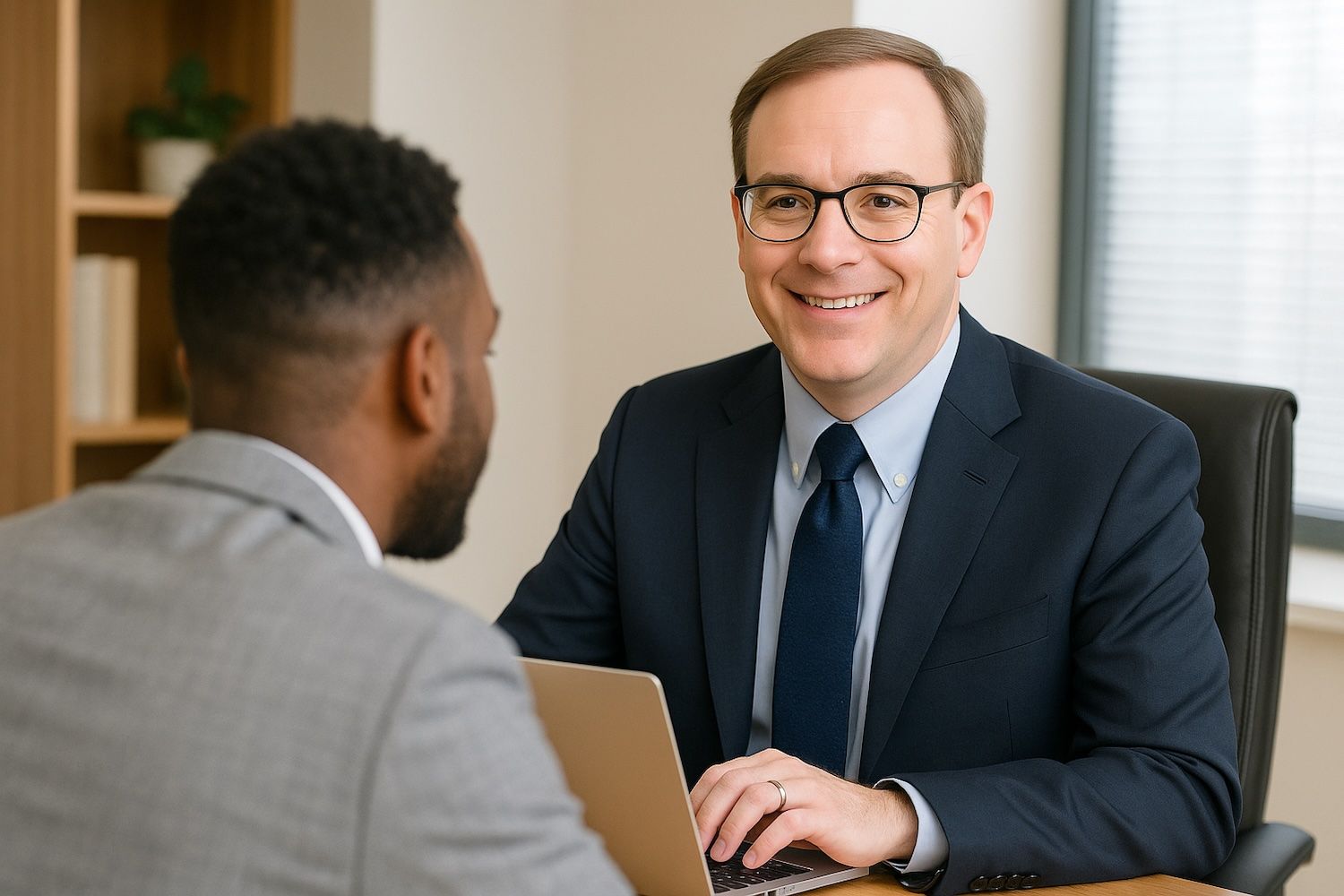 Two businessmen having a meeting, one smiling and wearing a suit, seated at a desk with a laptop.