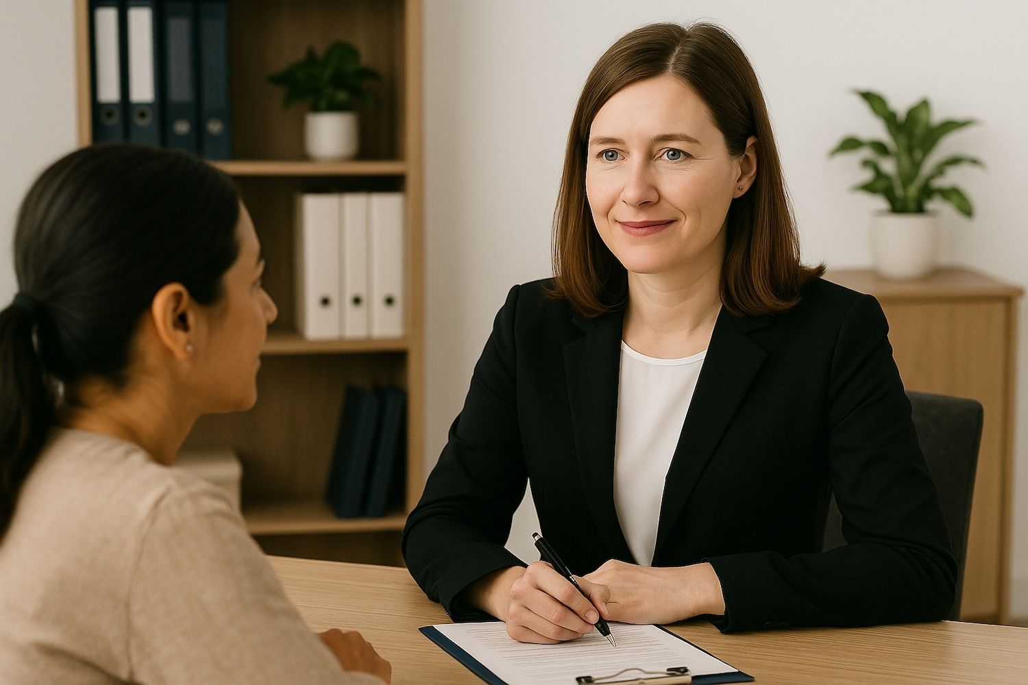 Two women having a professional meeting at an office desk with papers and shelves in the background.