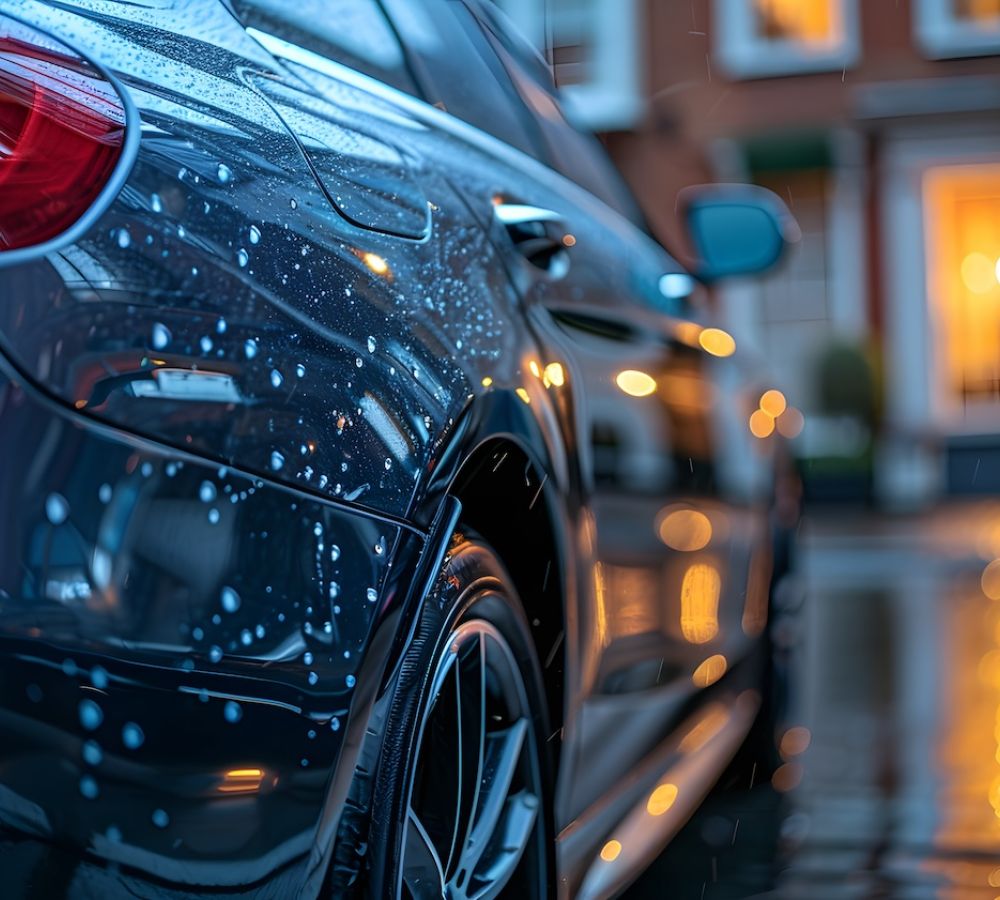 Close-up of a sleek black car with raindrops, reflecting city lights on a wet street at dusk.