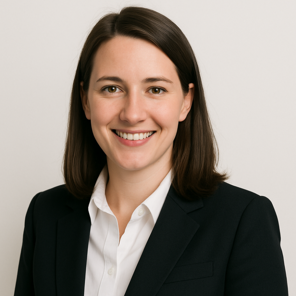 Smiling professional woman in a black suit jacket and white shirt, portrait against a plain background.