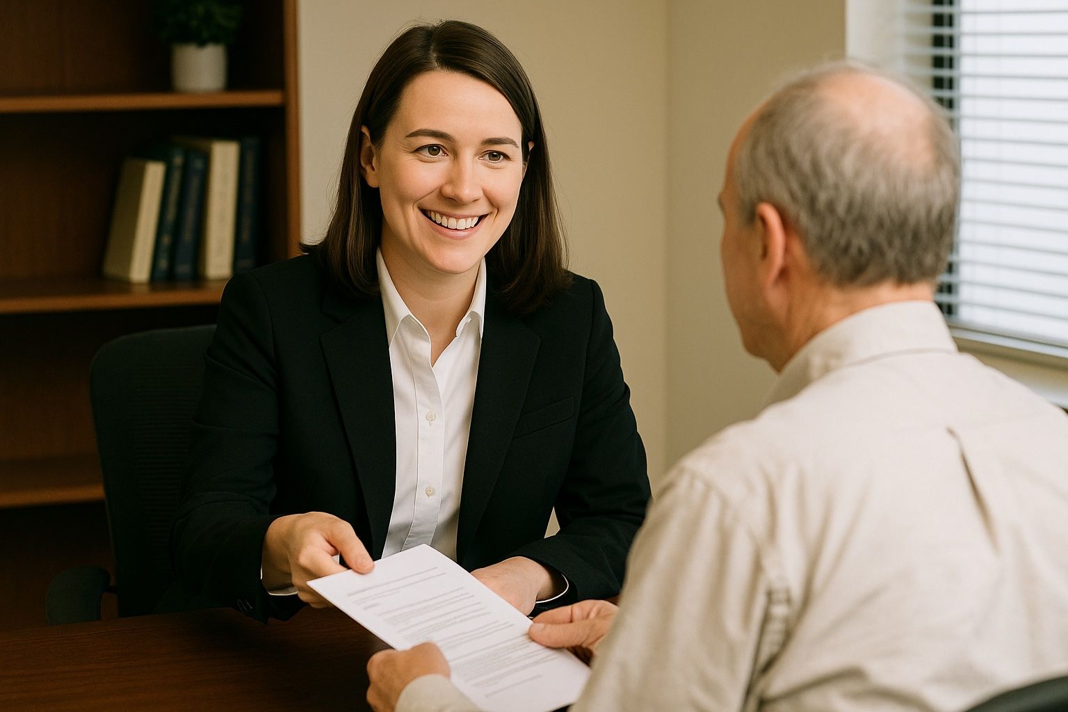 Woman in a business meeting handing a document to a man across a table, both smiling, in an office setting.