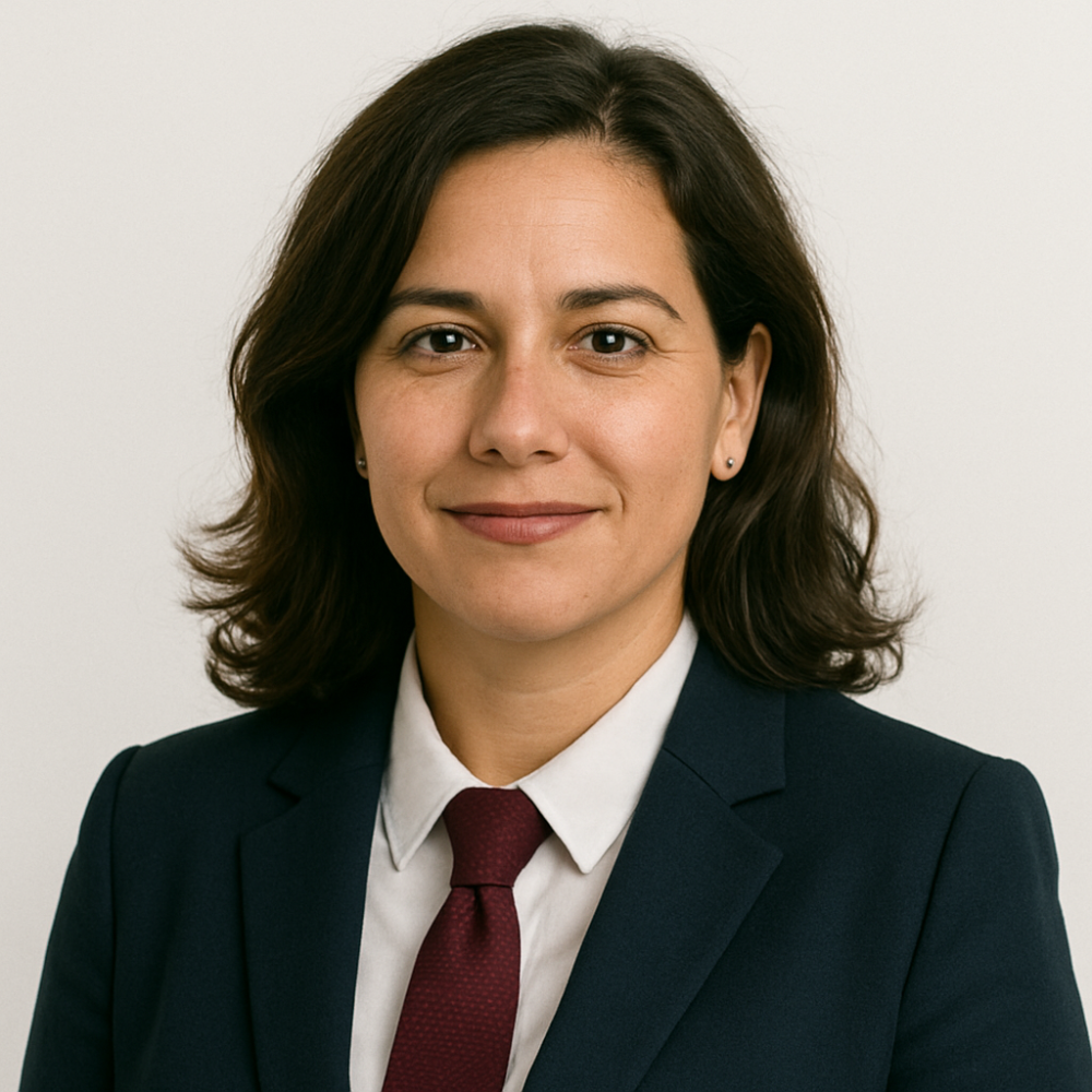 Professional woman in business attire with maroon tie and navy suit, smiling confidently against a neutral background.