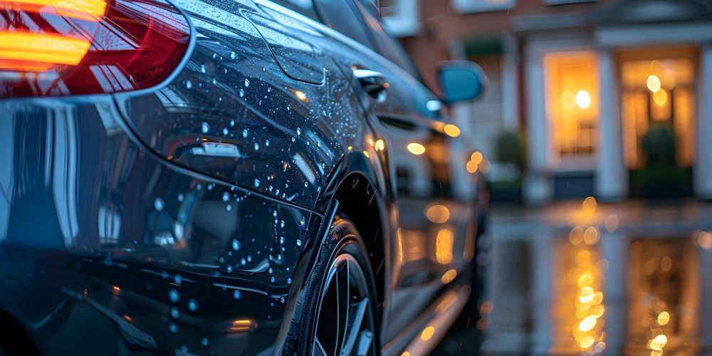 Close-up of a sleek black car with raindrops, reflecting city lights on a wet street at dusk.