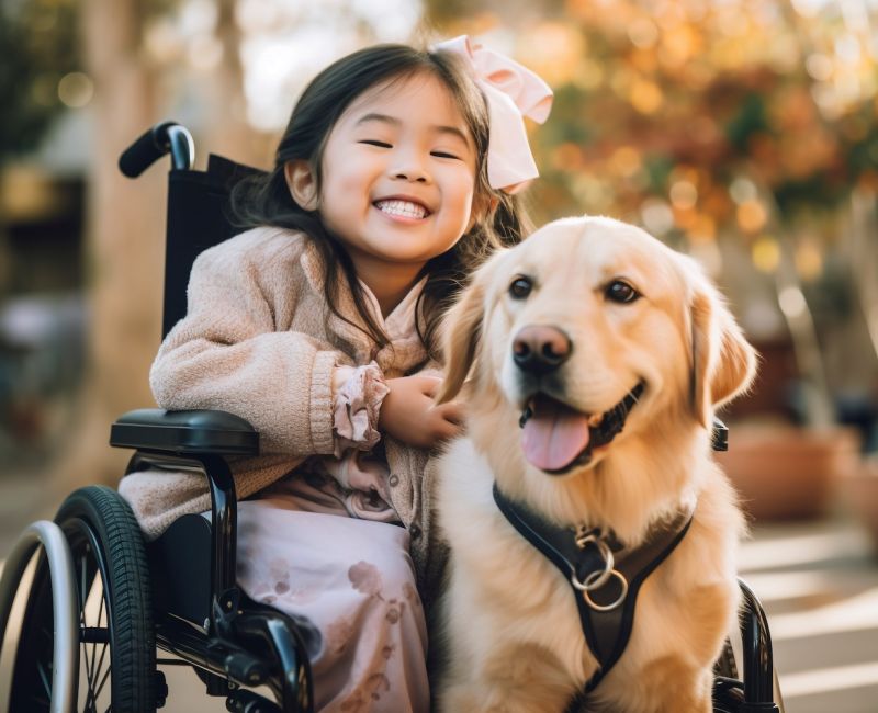 Smiling girl in wheelchair with a happy golden retriever, outdoors in an autumn setting.