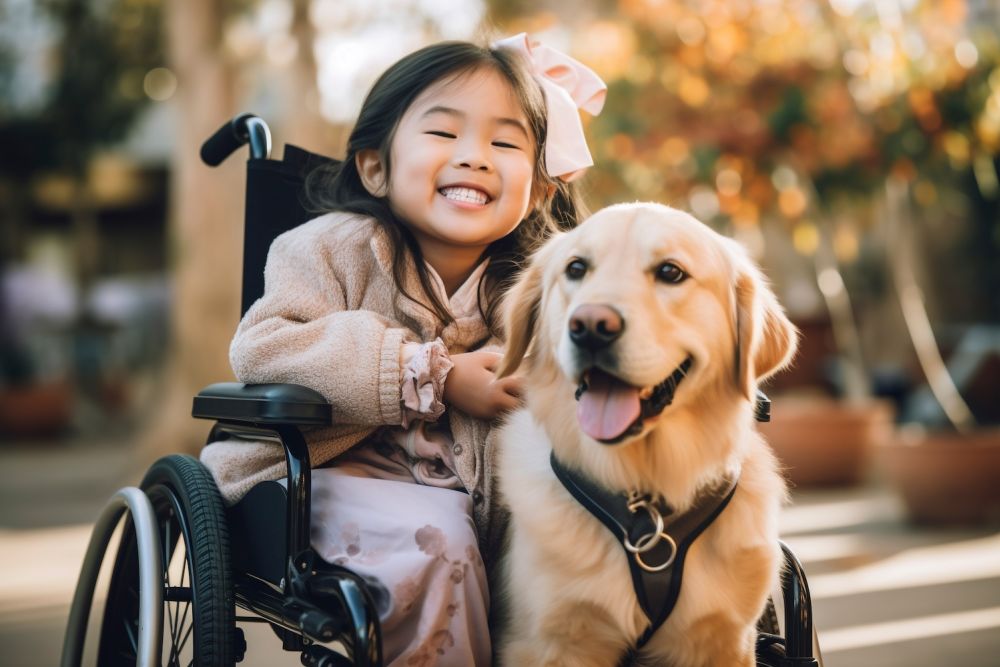 Smiling girl in wheelchair with a happy golden retriever, outdoors in an autumn setting.