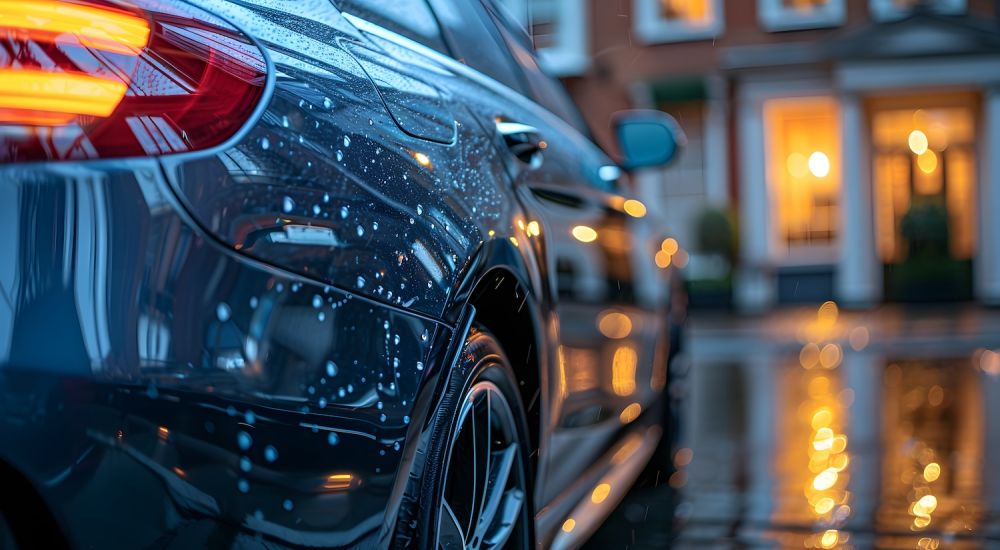 Close-up of a sleek black car with raindrops, reflecting city lights on a wet street at dusk.